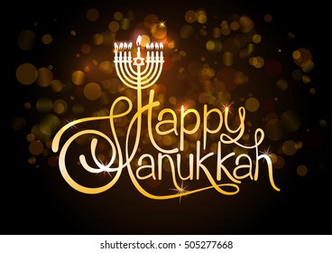 Happy Hanukkah lettering on blur bokeh background.