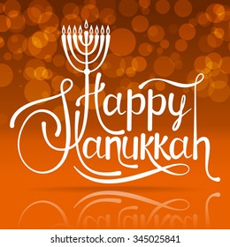 Happy Hanukkah lettering on bokeh background