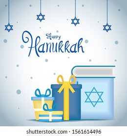 happy hanukkah lettering with sacred book vector illustration design