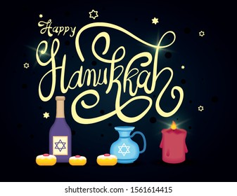 happy hanukkah lettering with set traditional icons vector illustration design