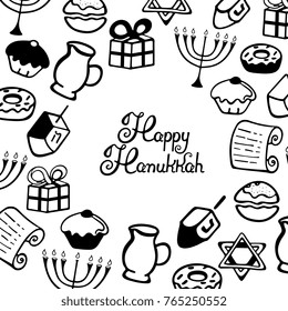 Happy Hanukkah Lettering. A set of traditional items for the Jewish holiday of lights in the Doodle style