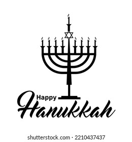 Happy Hanukkah with lettering text and menorah with 9 candles on white background