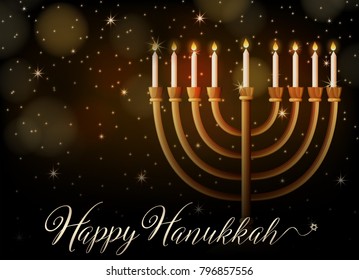 Happy Hanukkah with lights at night illustration