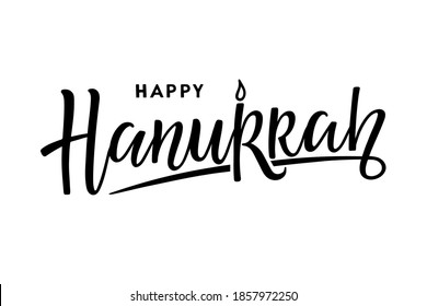 Happy Hanukkah logotype, badge, icon typography. Calligraphy Lettering of jewish holiday logo template. Hanukkah inscription. Jewish Festival of Lights celebration, festive background, menorah symbol