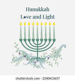 Happy Hanukkah ,Love and Light. Hand drawn flower winter color.