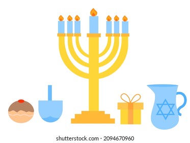 Happy hanukkah menorah with candles.Festival of lights.Jewish holiday.Greeting card.Sufganiyot and Dreidel.Sign, symbol, icon or logo isolated.Cartoon vector illustration.Flat design.