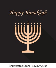 Happy hanukkah. Menorah of chanukah. Hanuka greeting card. Jewish hanukah with shalom. Menora with candles on black background. Design banner of judaism. Hebrew festival or party. Vector.