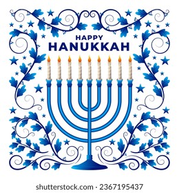 Happy Hanukkah menorah, classic golden nine branched candelabrum with modern calligraphy