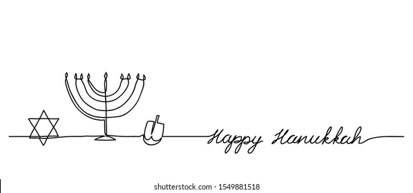 Happy Hanukkah menorah, david star, dreidel minimal vector background with lettering Happy Hanukkah and copy space. One continuous line drawing.