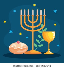 Happy hanukkah menorah goblet and sufganiot design, holiday celebration judaism religion festival traditional and culture theme Vector illustration