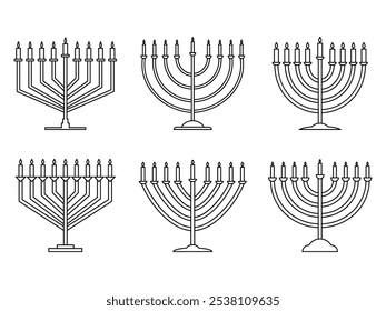 Happy Hanukkah, menorah icons set isolated on white background. Menorah with nine candles is a symbol of the Jewish holiday. Lit candles. Design for holiday banners and posters. Vector illustration