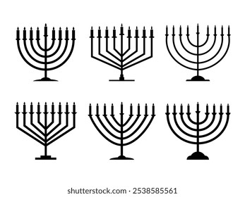 Happy Hanukkah, menorah icons set isolated on white background. Menorah with nine candles is a symbol of the Jewish holiday. Lit candles. Design for holiday banners and posters. Vector illustration