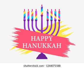 Happy hanukkah. Menorah with nine candles. Paint strokes, grunge style. Vector illustration