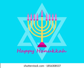 Happy Hanukkah. Menorah with nine candles and Star of David. Jewish festival greeting card. Vector illustration