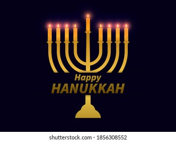 Happy Hanukkah. Menorah with nine candles. Golden gradient. Jewish festival greeting card. Vector illustration