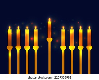 Happy Hanukkah. Menorah with nine candles is a symbol of the Jewish holiday. Golden candles with bright light and sparks. Design for greeting card, banner and poster. Vector illustration