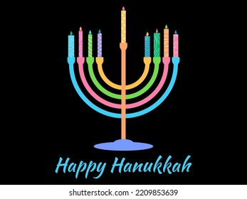 Happy Hanukkah. Menorah with nine candles is a symbol of the Jewish holiday. Multicolored menorah with colorful candles. Design for greeting card, banner and poster. Vector illustration