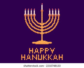 Happy Hanukkah. Menorah with nine candles in pixel art style. Golden menorah in the style of 8-bit video game graphics from the 80s. Design for greeting card, apps and posters. Vector illustration