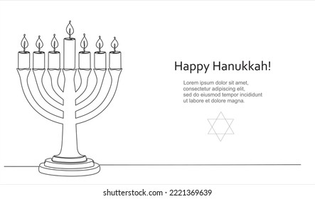 Happy Hanukkah. Menorah one line drawing. Continuous one single line drawing of Traditional Jewish candle. Judaism. 