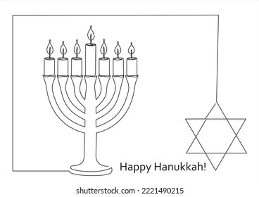 Happy Hanukkah. Menorah one line drawing. Continuous one single line drawing of Traditional Jewish candle. Judaism. 