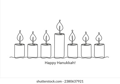 Feliz Hanukkah. Dibujo de una línea Menorah. Dibujo continuo de una sola línea de la vela judía tradicional. Judaísmo. 