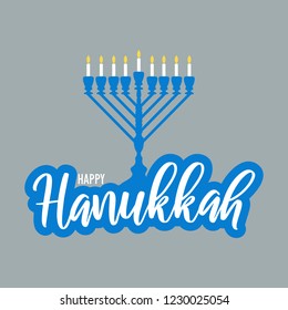 Happy Hanukkah with a Menorah in a square on a grey background