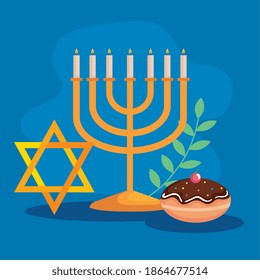 Happy hanukkah menorah star and sufganiot design, holiday celebration judaism religion festival traditional and culture theme Vector illustration