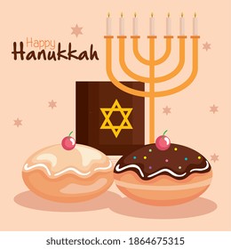 Happy hanukkah menorah torah and sufganiot design, holiday celebration judaism religion festival traditional and culture theme Vector illustration