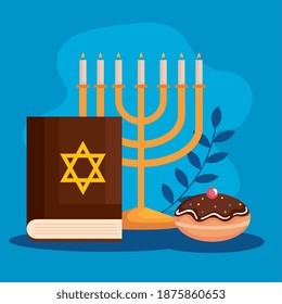 Happy hanukkah menorah torah and sufganiot design, holiday celebration judaism religion festival traditional and culture theme Vector illustration