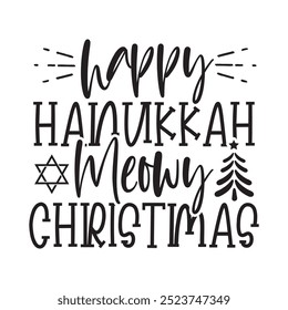 Happy Hanukkah meowy Christmas ,groovy vintage retro wavy graphic design