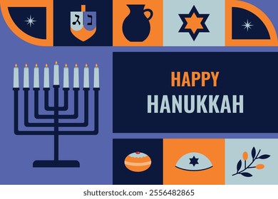 Happy Hanukkah. Modern vector geometric design for banner, postcard. Menorah, kippah, dreidel, jug, olive branch, donut, star of David and candle.	