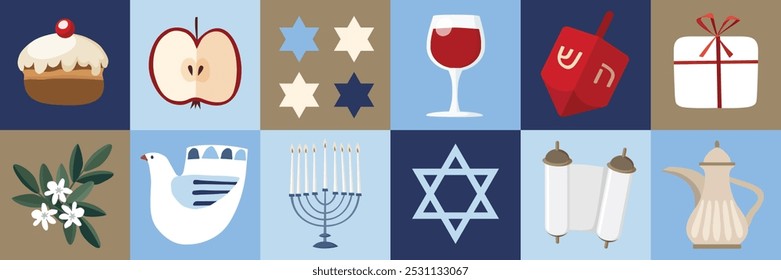 Happy Hanukkah modern web banner, frame grid. Geometric festive Jewish Holiday decorative border with chanukija candleholder, wine, dreidel toy. Doughnut, dove, apple. Vector illustration background. 