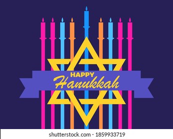 Happy Hanukkah. Multi colored nine candles and Star of David. Jewish festival greeting card. Vector illustration