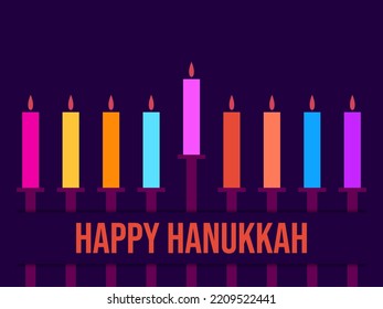Happy Hanukkah. Multi-colored nine burning candles of the symbolic Jewish holiday. The traditional annual Jewish festival of fire. Design for greeting card, banner and poster. Vector illustration