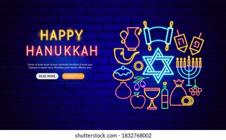 Happy Hanukkah Neon Banner Design. Vector Illustration of Jewish Promotion.