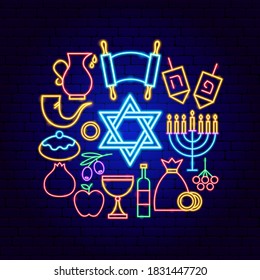 Happy Hanukkah Neon Concept. Vector Illustration of Jewish Promotion.