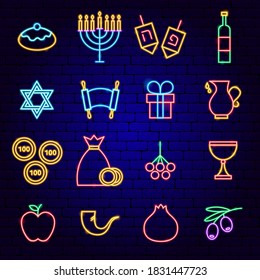 Happy Hanukkah Neon Icons. Vector Illustration of Jewish Promotion.