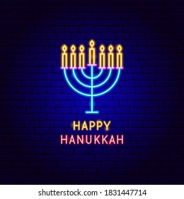 Happy Hanukkah Neon Label. Vector Illustration of Jewish Promotion.