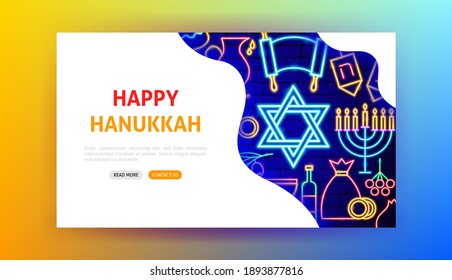 Happy Hanukkah Neon Landing Page. Vector Illustration of Jewish Promotion.