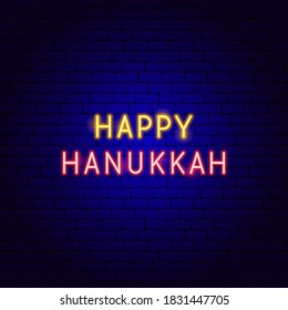 Happy Hanukkah Neon Text. Vector Illustration of Jewish Promotion.