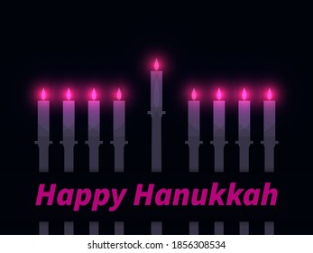 Happy Hanukkah. Nine Hanukkah candles with a bright glow. Jewish festival greeting card. Vector illustration