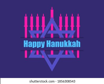 Happy Hanukkah. Nine candles and Star of David. Jewish festival greeting card. Vector illustration