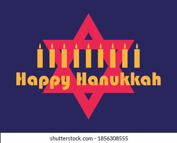 Happy Hanukkah. Nine candles and Star of David. Jewish festival greeting card. Vector illustration