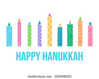 Happy Hanukkah. Nine Hanukkah candles are the symbol of the Jewish holiday. Multi-colored candles with a pattern on a white background. Design for greeting card, banner and poster. Vector illustration