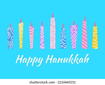 Happy Hanukkah. Nine Hanukkah candles are the symbol of the Jewish holiday. Multi-colored candles with a pattern on a blue background. Design for greeting card, banner and poster. Vector illustration