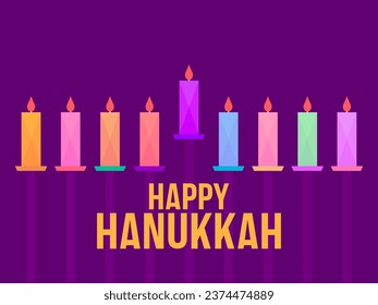 Happy Hanukkah. Nine Hanukkah candles are the symbol of the Jewish holiday. Multi-colored burning candles. Design for invitation flyers, brochures and promotional items. Vector illustration