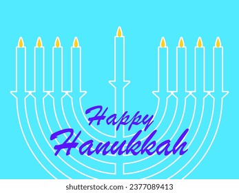 Happy Hanukkah. Outline of a menorah with nine lit candles with text on a blue background. Nine Hanukkah candles. Design for invitation flyers, brochures and promotional items. Vector illustration