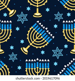 Happy Hanukkah pattern with menorah, traditional candles seamless. 