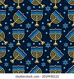 Happy Hanukkah pattern with menorah, traditional candles seamless. 