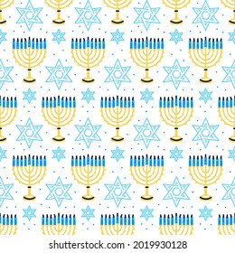 Happy Hanukka Muster mit Menorah, traditionelle Kerzen nahtlos. 